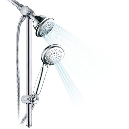 DreamSpa 3-way Shower Combo PLUS Instant-Mount Drill-Free Slide Bar - Enjoy Overhead & Handheld Shower Head with Height/Angle Adjustable Bracket and Stainless Steel Hose for Ultimate Convenience! 4" + 4" Shower Head Combo w/ Slide Bar