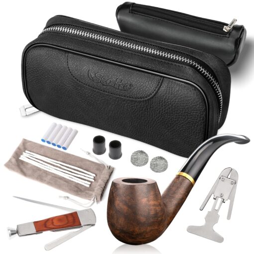 Scotte Luxury Tobacco Smoking Pipe Set,Leather Tobacco Pipe Pouch Wood Pipe Accessories(Redwood Scraper/Stand/Filter Element/Filter Ball/Small Bag/Box) (black)