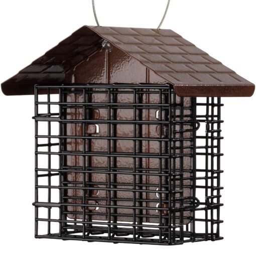 More Birds Double Suet Cage Bird Feeder with Metal Roof, Fruit and Suet Feeder, 2 Suet Cake Capacity Brown Double Cage