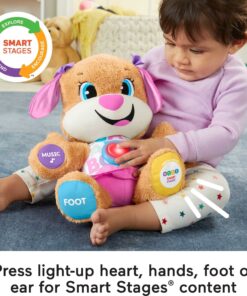 Fisher-Price Laugh & Learn Baby & Toddler Toy Smart Stages Sis With Pink Skirt and Purple Bows, Interactive Plush Dog with Music Lights & Learning Content for Ages 6+ Months Sis - Pink 34 81INogpp6aL