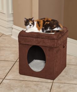 MidWest Homes for Pets 137-BR 'The Original' Curious Cat Cube, Cat House / Cat Condo in Brown Faux Suede & Synthetic Sheepskin Brown Single Story 35 81IQzDLMYbL