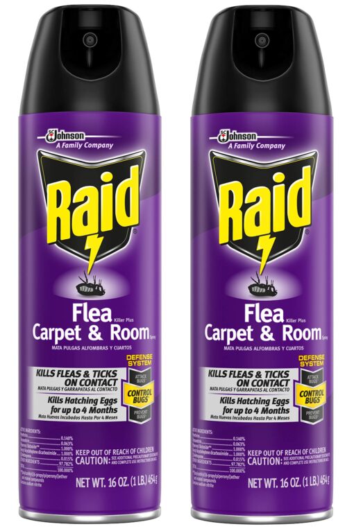 Raid Flea Carpet & Room Spray, Defense System for Fleas & Ticks, 16-Ounce Spray (Pack of 2) 1 Pound (Pack of 2)