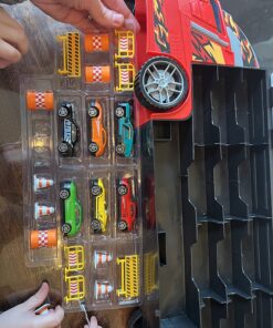 Amazon Basics Toy Car Carrier Truck With Storage For Kids Ages 3 and Up, 6-Pieces Diecast Vehicles & 16 Accessories, Multicolor, Medium 66 81J85uCy5kL