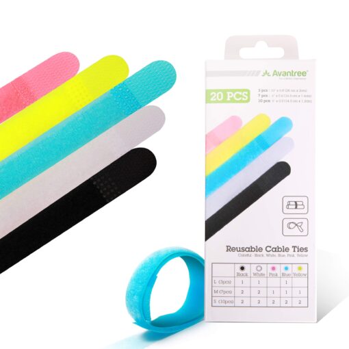 Avantree Pack of 20 Reusable Cord Organizer Keeper Holder, Fastening Cable Ties Straps for Earbud Headphones Phones Electronics Electrical Computer PC Wire Wrap Management, Assorted 3 Size and 5 Color Multi Color - 20pcs