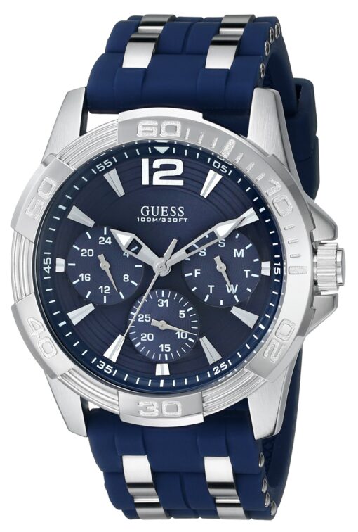 GUESS Stainless Steel Stain Resistant Silicone Watch with Day, Date + 24 Hour Military/Int'l Time Blue/Blue/Silver Tone