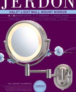 JERDON Two-Sided Wall-Mounted Makeup Mirror with Halo Lighting - Lighted Makeup Mirror with 5X Magnification & Wall-Mount Arm - Plug in Round Mirror with Nickel Finish Wall Mount - Model HL65N 17 81JT 6zxqnL