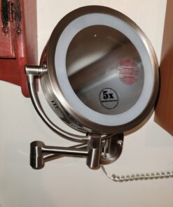 JERDON Two-Sided Wall-Mounted Makeup Mirror with Halo Lighting - Lighted Makeup Mirror with 5X Magnification & Wall-Mount Arm - Plug in Round Mirror with Nickel Finish Wall Mount - Model HL65N 25 81Jdh7ix6iL