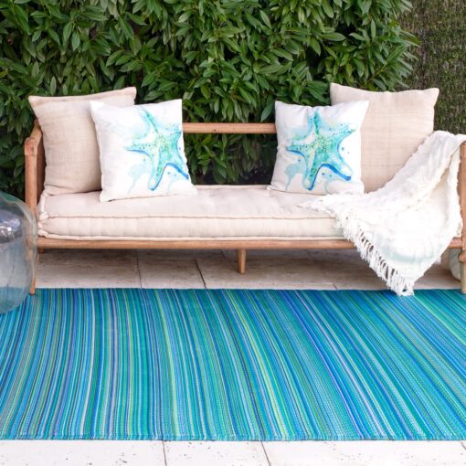 Fab Habitat Outdoor Rug - Waterproof, Fade Resistant, Crease-Free - Premium Recycled Plastic - Striped - Large Patio, Deck, Sunroom, Camping, RV - Cancun - Turquoise & Moss Green - 6 x 9 ft 6' x 9' Rectangular