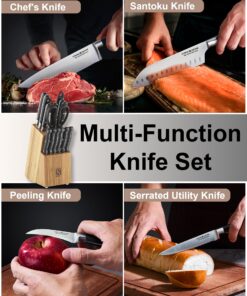 Cook N Home Kitchen Knife Set with Bamboo Storage Block 15-Piece, High Carbon Stainless Steel Blade, Black 15-PC Knife Set 15 81JgICcBYL