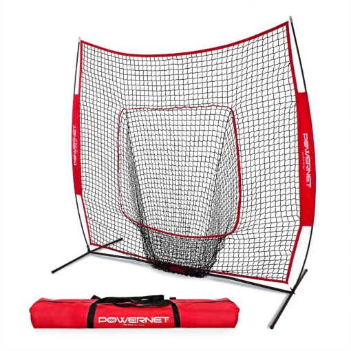 PowerNet Baseball Softball Practice Net for Hitting and Throwing with 7x7 Bow Frame Red