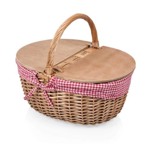 PICNIC TIME - Country Vintage Picnic Basket with Lid - Wicker Picnic Basket for 2, (Red & White Gingham Pattern) Red & White Gingham Pattern