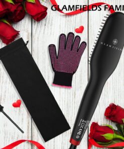 Ionic Hair Straightener Brush Upgrade 2.0,GLAMFIELDS Electrical Heated Hair Straightening with Faster Heating, MCH Ceramic Technology, Auto Temperature Lock, Anti Scald, Heat Resistant Glove(Black-01) Black 43 81JoSNNvedL