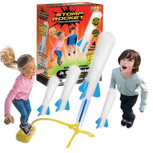 Stomp Rocket Jr Glow Rocket Launcher for Kids, 4 Rockets - Glow in The Dark Fun Backyard & Outdoor Kids Toys Gifts for Boys & Girls -Toy Soft Foam Blaster Set - Multi-Player Adjustable Launcher Stand Jr Glow 4 Rocket Pack