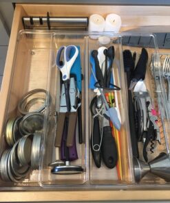 mDesign Plastic Adjustable/Expandable Divided Drawer Storage Organizer with 4 Compartments for Kitchen Pantry, Cupboard, Cabinet, Hold Silverware, Utensils, Cutlery - Ligne Collection - Clear 4 Compartment Expandable Pack of 1 37 81KpAHaBKRL