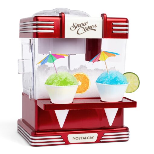 Nostalgia Snow Cone Shaved Ice Machine - Retro Table-Top Slushie Machine Makes 20 Icy Treats - Includes 2 Reusable Plastic Cups & Ice Scoop - Retro Red