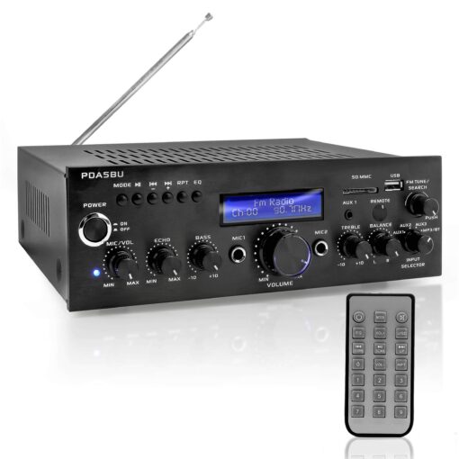 Pyle Wireless Bluetooth Power Amplifier-200 Watt Audio Stereo Receiver w/USB Port, AUX in, FM Radio, 2 Karaoke Microphone Input, Remote-Home Entertainment System, Black, 10.5" x 8.8" x 2.8" (PDA5BU)