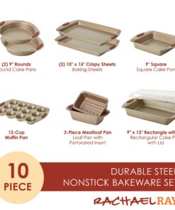 Alternative view of Rachael Ray Cucina Nonstick Bakeware Set Baking Cookie Sheets Cake Muffin Bread Pan, 10 Piece, Latte Brown with Cranberry Red Grips