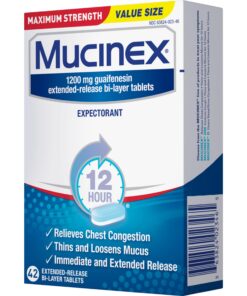 Mucinex 12 Hour 1200mg Maximum Strength Guaifenesin Chest Congestion & Mucus Relief, Guaifenesin Expectorant Aids Mucus Removal, Chest Decongestant for Adults, Dr Recommended, 42ct Tablets 42 Count (Pack of 1) Release Tablets 39 81LjXjqi4EL 1