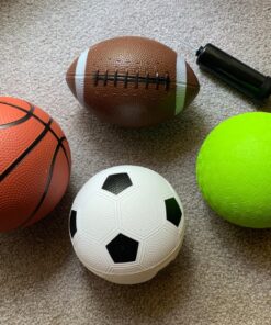 AppleRound Pack of 4 Sports Balls with 1 Pump: 1 Each of 5" Soccer Ball, 5" Basketball, 5" Playground Ball, and 6.5" Football (4 Balls and 1 Pump) 48 81LkKpzBqfL