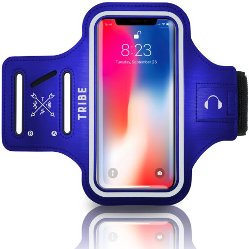 TRIBE Water Resistant Cell Phone Armband Case Running Holder for iPhone Pro Max Plus Mini SE (13/12/11/X/XS/XR/8/7/6/5) Galaxy S Ultra Plus Edge Note (21/20/10/9/8/7/6/5) Adjustable Strap & Key Pocket Dark Blue