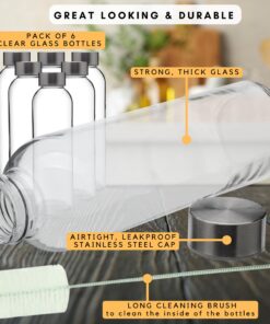 Brieftons Glass Water Bottles With Caps: Clear, 6 Pack, 18 Oz, Leakproof Lids, Premium Soda Lime, Best As Reusable Drinking Bottle, Sauce Jar, Juice Beverage Container, Kefir Kit, With Cleaning Brush 29 81MLb8o2WNL