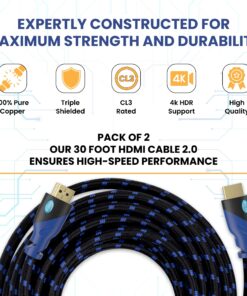 AURUM CABLES 30ft HDMI Cable 4K@60Hz Ultra HD, High Speed with Ethernet 2 Pack HDMI Cable Braided Nylon & Gold Connectors, ARC, CL3 Rated - Compatible with TV, PC, Monitor, Laptops, PS3, PS5, PS4 30 FT 11 81MQJhf6abL