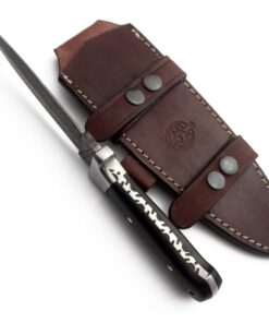 Wolfklinge Damascus Steel Bowie Knife for Outdoor Enthusiasts - Full Tang Micarta Handle, Flat Edge Blade, Leather Sheath DCX17-57 30 81MxBLFWkSL