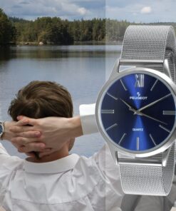 Peugeot Men's Silver Slim Case Stainless Steel Mesh Dress Watch Blue 7 81MyKMfZj5L