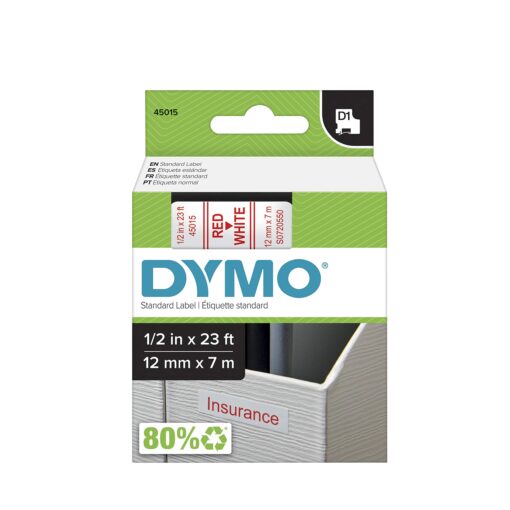 DYMO Standard D1 43610 Labeling Tape (Black Print on Clear Tape, 1/4'' W x 23' L, 1 Cartridge), DYMO Authentic 1/2" Red on White
