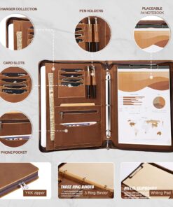 AZXCG Leather Portfolio Binder,3 Ring Binder Padfolio with Zipper fits up to 13.3" Laptop, Professional Organizer, Business Folder with Clipboard, Leather Notepad Holder Brown Graduation Gift Standard 33 81N69aAMEJL