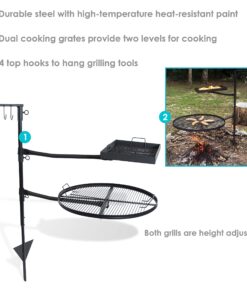 Sunnydaze Swiveling Dual-Grill Campfire Cooking Grate System - Includes 2 Height-Adjustable Grates and 1 Ground Stake 14 81N6OhU7emL