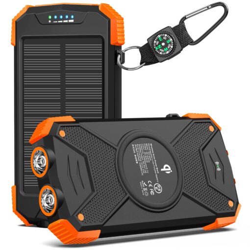 BLAVOR Solar Charger Power Bank, 10,000mAh Portable Wireless Charger with USB C Input/Output for Cell Phones, External Battery Pack with Dual Flashlight for Camping (Orange) Orange