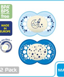 MAM Night Pacifiers , MAM Pacifiers 6+ Months, Best Pacifier for Breastfed Babies, Glow in the Dark Pacifier, Baby Boy Pacifier, 6-16 (Pack of 2) 32 81NOGewaL