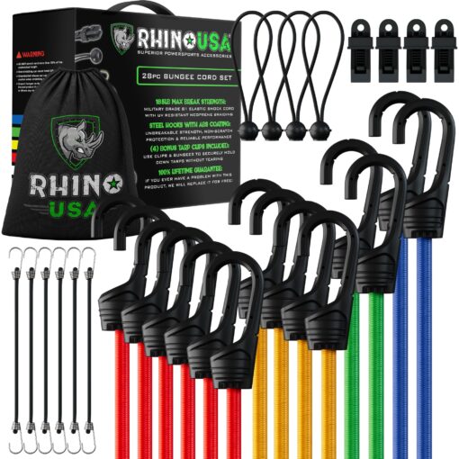 RHINO USA Bungee Cords with Hooks - Heavy Duty Outdoor 28pc Assortment with 4 Free Tarp Clips, Drawstring Organizer Bag, Canopy Ties & Ball Bungees Bungee Cord Set