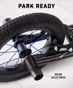 Mongoose Expo Youth Kick Scooter, Suggested for Riders with Ages 6 to 9 Years Old, Max. Weight of 175 lbs., Front and Rear Caliper Brakes, Rear Axle Pegs, 12-Inch Inflatable Wheels Black/Blue 24 81Nnoe1iJdL