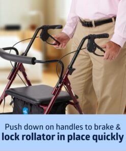 Medline Heavy Duty Rollator Walker with Seat, Bariatric Rolling Walker Supports up to 500 lbs, Large 8-inch Wheels, Burgundy 26 81NyiveVUBL