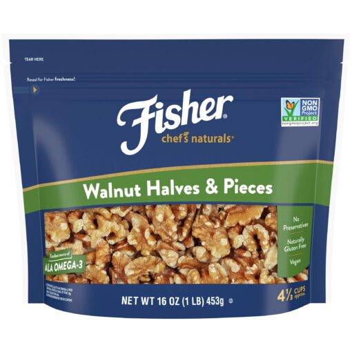 Fisher Chef's Naturals Walnut Halves & Pieces 1 lb, 100% California Unsalted Walnuts for Baking & Cooking, Snack Topping, Great with Yogurt & Cereal, Vegan Protein, Keto Snack, Gluten Free Halves and Pieces 16 Ounce (Pack of 1)