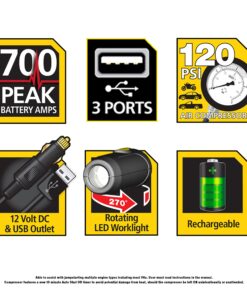 Alternative view of 700 Peak Amp Automotive Jump Starter, Portable Power – Triple 15W USB Ports, 120 PSI Air Compressor
