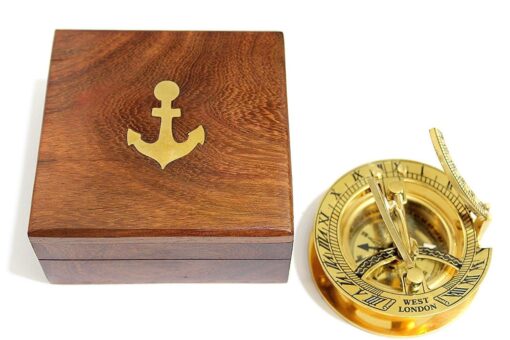 3" Sundial Compass with Teak Wood Box Inlaid with Solid Brass Rustic Vintage Home Decor Gifts