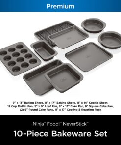 Ninja B39010 Foodi NeverStick Premium 10-Piece Bakeware Sheet Set, Oven Safe up to 500⁰F, with (2) Baking Sheets, Cookie Sheet, Loaf Pan, Muffin Pan, (4) Cake Pans & Cooling/Roasting Rack, Grey 10 Piece Set 29 81PK5jqnK1L