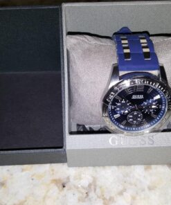 GUESS Stainless Steel Stain Resistant Silicone Watch with Day, Date + 24 Hour Military/Int'l Time Blue/Blue/Silver Tone 37 81PSgRNUYGL