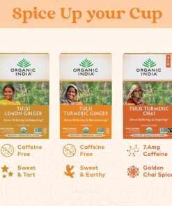 Organic India Tulsi Turmeric Ginger Herbal Tea - Holy Basil, Stress Relieving & Harmonizing, Immune Support, Healthy Inflammatory Response, Aids Digestion, Caffeine-Free - 18 Infusion Bags, 1 Pack 22 81Pe VAqSBL