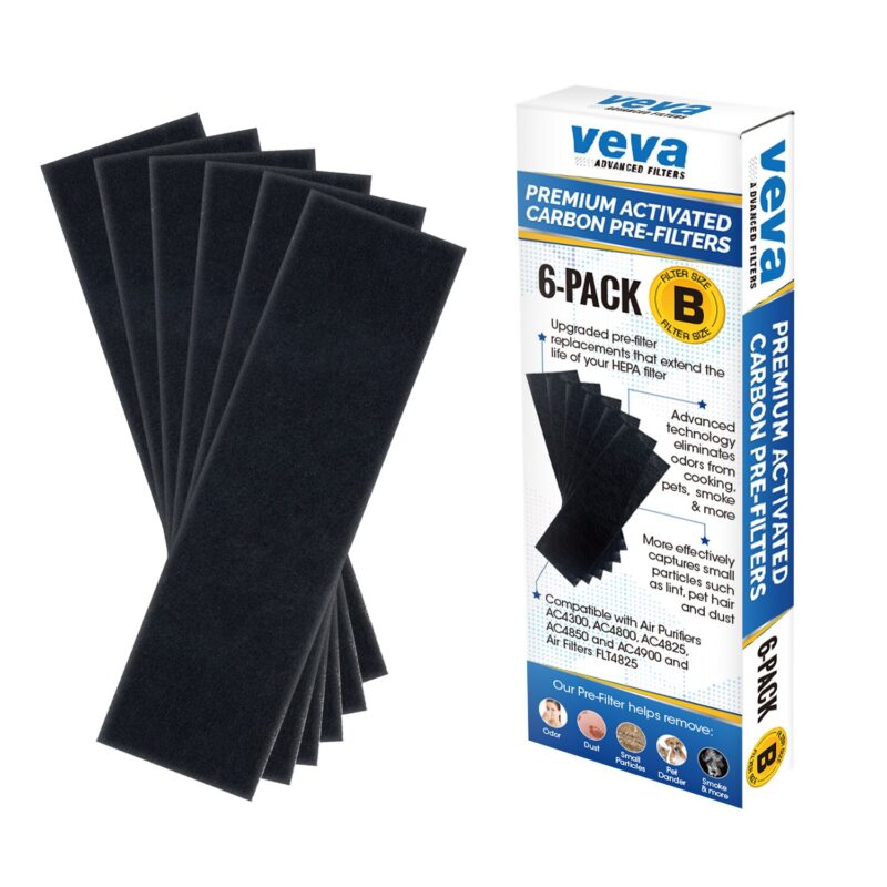 VEVA Replacement Pre Filter 6 Pack compatible with Germ Guardian Air Purifier Models AC4800 Series (AC4825, AC4825e) and Filter B FLT4825, Premium Carbon Activated 6 Count (Pack of 1)