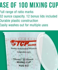 (Full Case of 100 each - Quart (32oz) PAINT MIXING CUPS) by Custom Shop - Cups are Calibrated with Multiple Mixing Ratios (1-1) (2-1) (3-1) (4-1) (8-1) BOX of 100 Cups includes 12 bonus Lids Cups - Box of 100 + 12 Lids 10 81Q9cwfaU0L