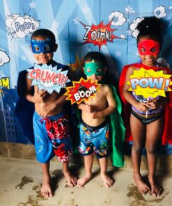 Superheroes Theme Party Photography Backdrop with Prop, Flag & Mask. Super Hero Cityscape Photo Booth Background for Kids Party, Birthday Wall Decorations 4*5.5 feet 28 81Q9qAJR1iL