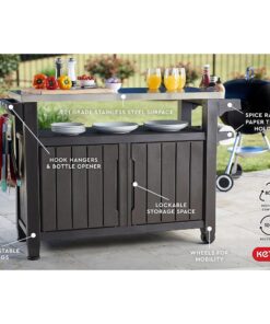 Keter Unity XL Outdoor Kitchen Island Rolling Cart Bar Table & Storage Cabinet, Grill Station with Utensil Hooks for Grilling Accessories, Brown Table and Cabinet 29 81QAXOzIOqL