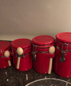 Canister Sets For The Kitchen (4 Piece Set) Red, High Gloss Ceramic | By Home Basics | Decorative | With Wooden Spoons, Countertop Set For Flour, Sugar, Coffee, and Snacks 40 81QFuZbAtnL
