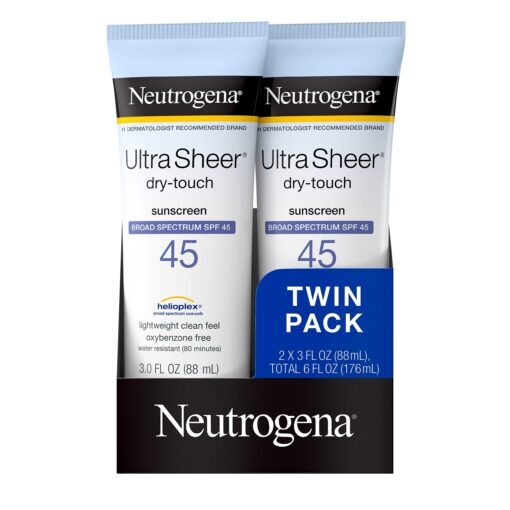 Neutrogena Ultra Sheer Dry-Touch Water Resistant and Non-Greasy Sunscreen Lotion with Broad Spectrum SPF 45, TSA-Compliant travel Size, 3 Fl Oz, Pack of 2, 6 Fl Oz 3 Fl Oz (Pack of 2)