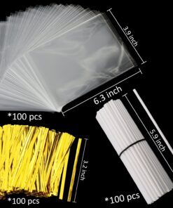 Alternative view of 300Pcs 6 Inches Cake Pop Sticks and Wrappers Include 100Pcs Cake Pop Sticks 100Pcs Cake Pop Bags and 100Pcs Twist Ties Thick
