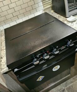 Camco Camper/RV Stove Top Cover | Features Hinged Design for Easy Access to Front Burners & Fits Most 3 or 4 Burner RV/Boat Stoves | Crafted of 20-Gauge Steel w/Powder-Coated Finish | Black (43554) 39 81QqqqyVTNL 1
